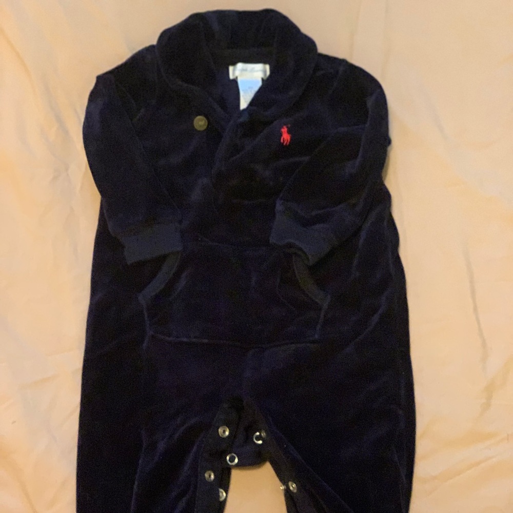 Boys Ralph Lauren Velvet Sleeper. Navy with red horse, size 6 months